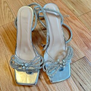 Embellished Strappy Silver Heels with Diamond Bow